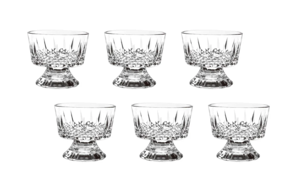 Set of six crystal dessert bowls on a white background