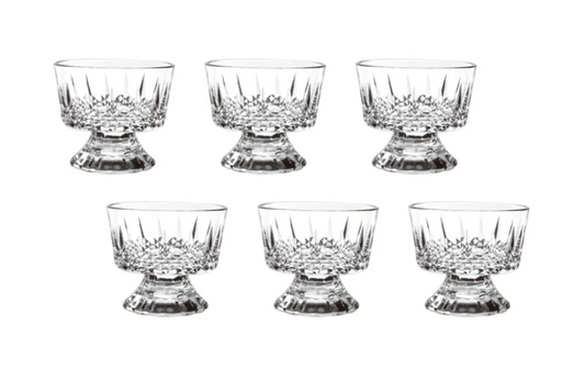 Set of six crystal dessert bowls on a white background