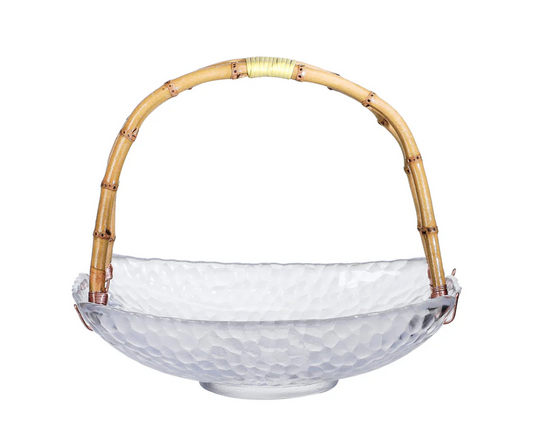 Clear glass bowl with a bamboo handle on a white background